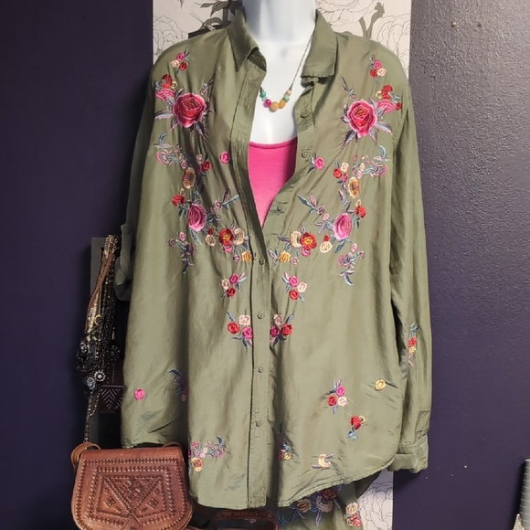 zara women Tops - Zara Rainbow Floral Embroidered Button Down Shirt